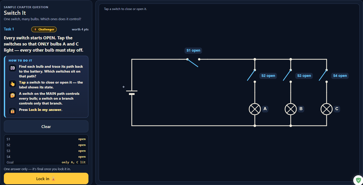 Challenger circuit question with multiple switches and parallel branches.