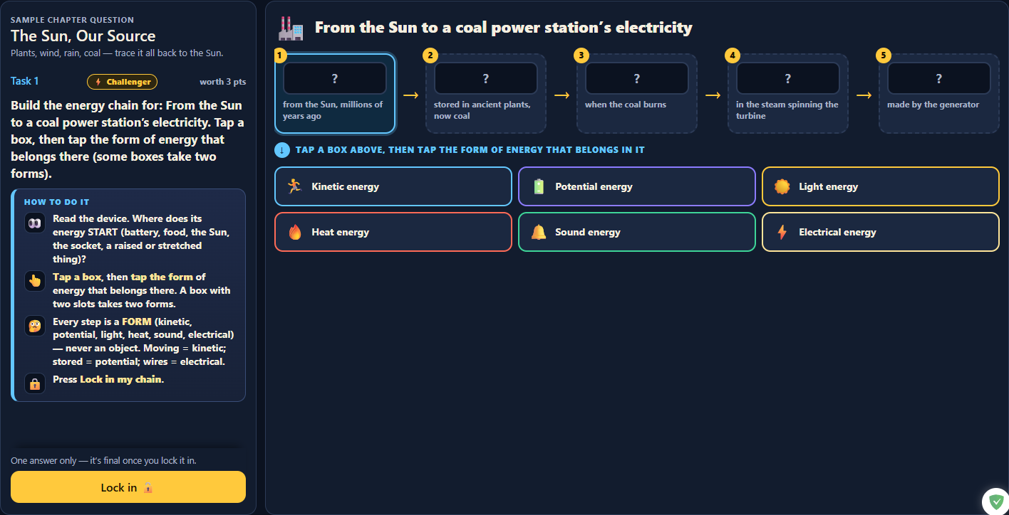 Energy conversion question with several steps and selectable energy forms.